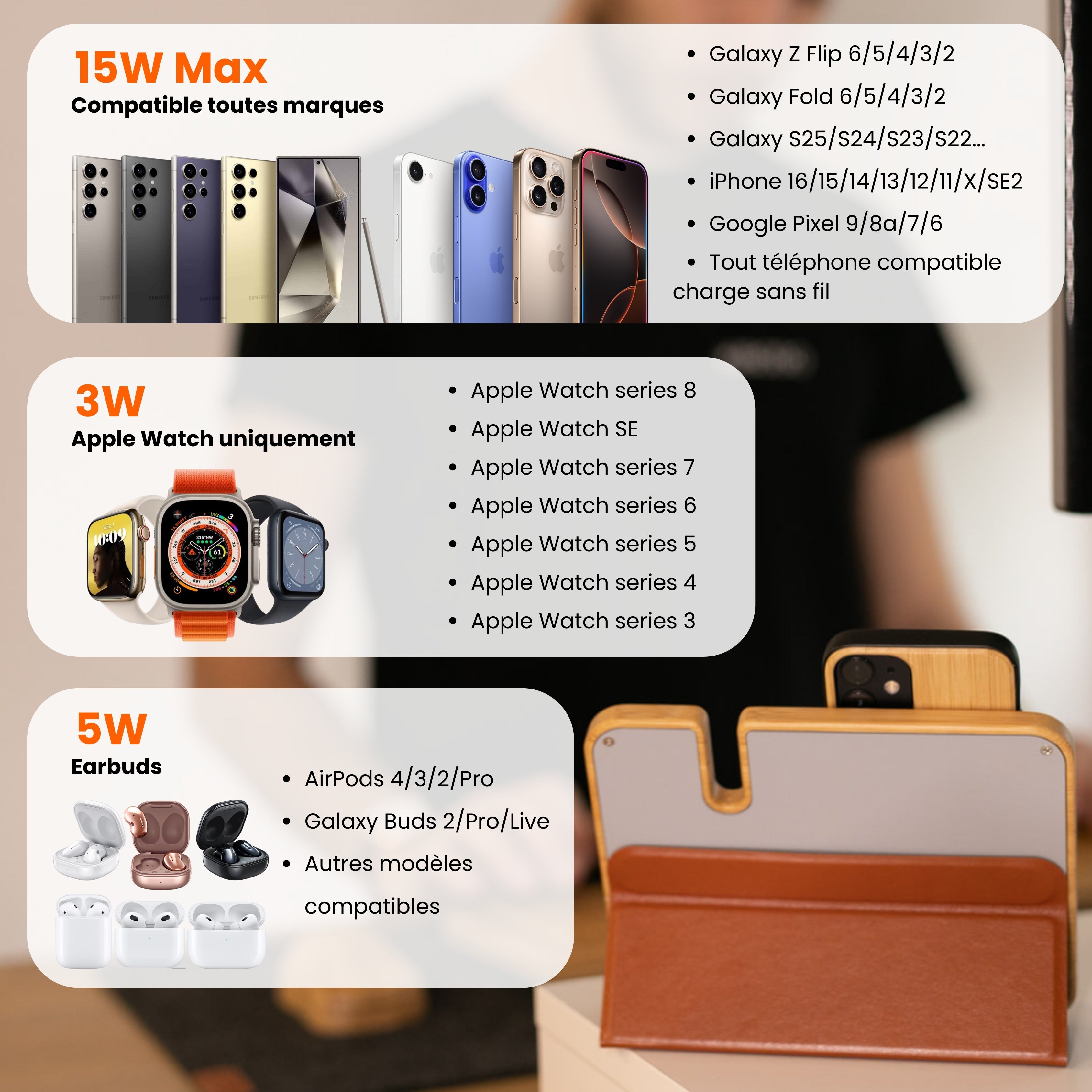 Chargeur 3 en 1 en bois - version Apple watch